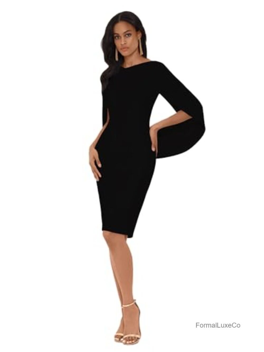 Scuba Crepe Sheath Dress Cowl Back 3/4 Sleeve